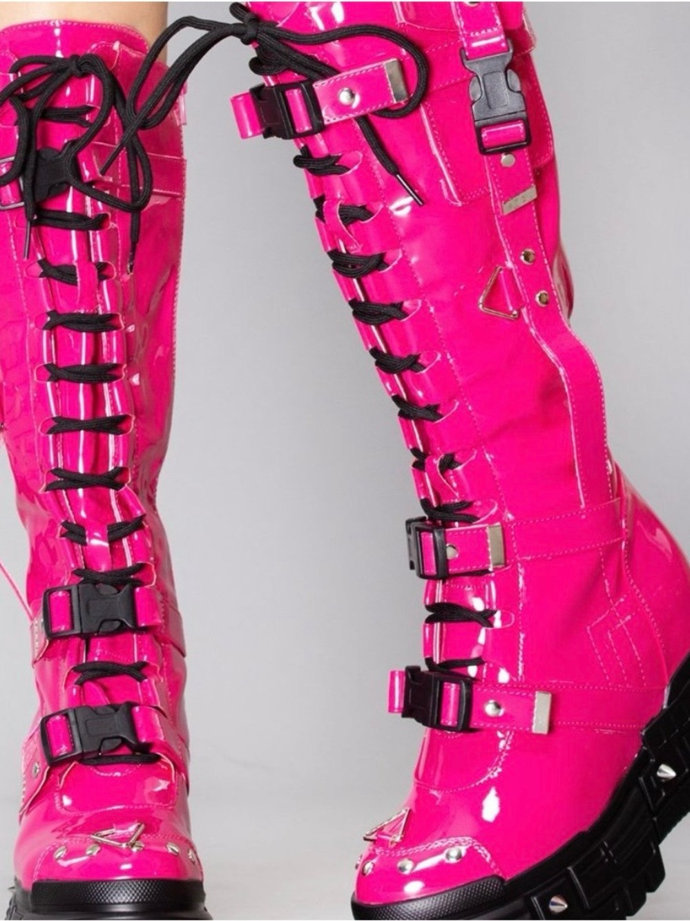 Anthony Wang Qualcan Pink Patent Platform Wedge Knee-High Boots Cyber Rave sz7.5
